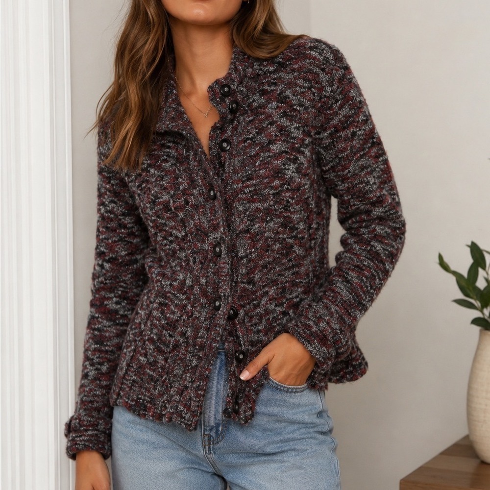 Woolrich Wool Blend Cardigan Sweater Womens L Burgundy Grey Knit Button Front z1
